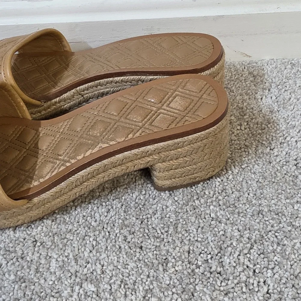 Tory Burch Fleming Espadrille Tan Leather Logo Slides Sandals Womens Size 7.5